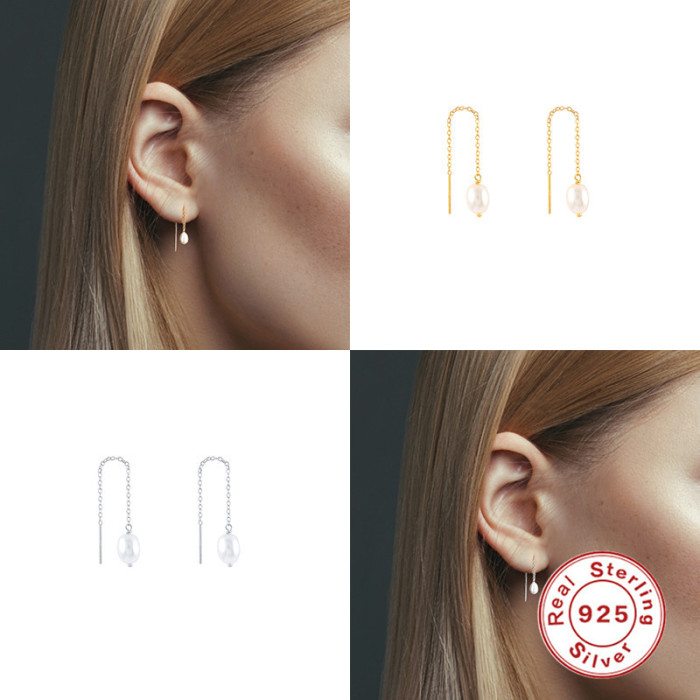S925 Sterling Silver Pearl Pendant Chain Tassel Ear Thread Earrings Korean and Japanese Style Personality Trendy INS...