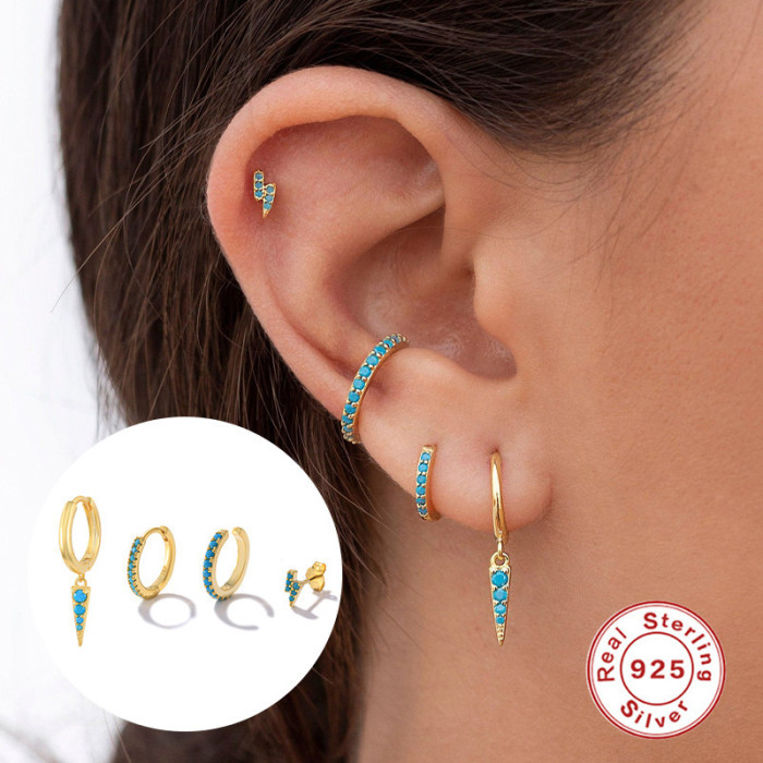 S925 Sterling Silver High-End Turquoise Lightning Stud Earrings Hoop Earrings Clip-On Earrings Versatile Set European and American Hot-Selling Earrings