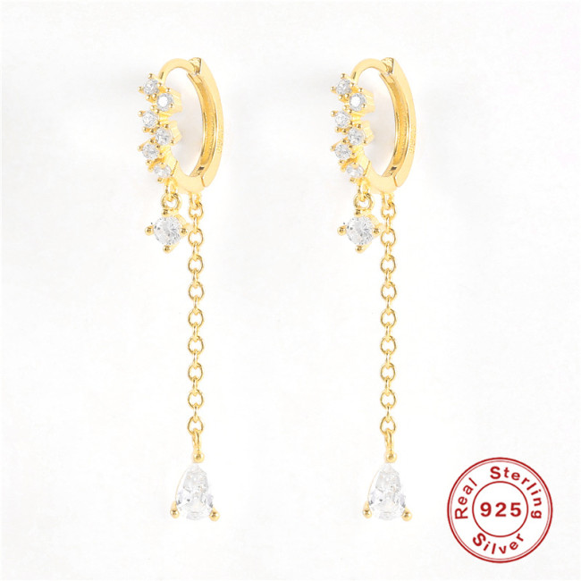 S925 Sterling Silver Chain Tassel Long Luxury Diamond-Studded Earrings Hoop Earrings Ear Clips Korean Style Elegant INS Earrings