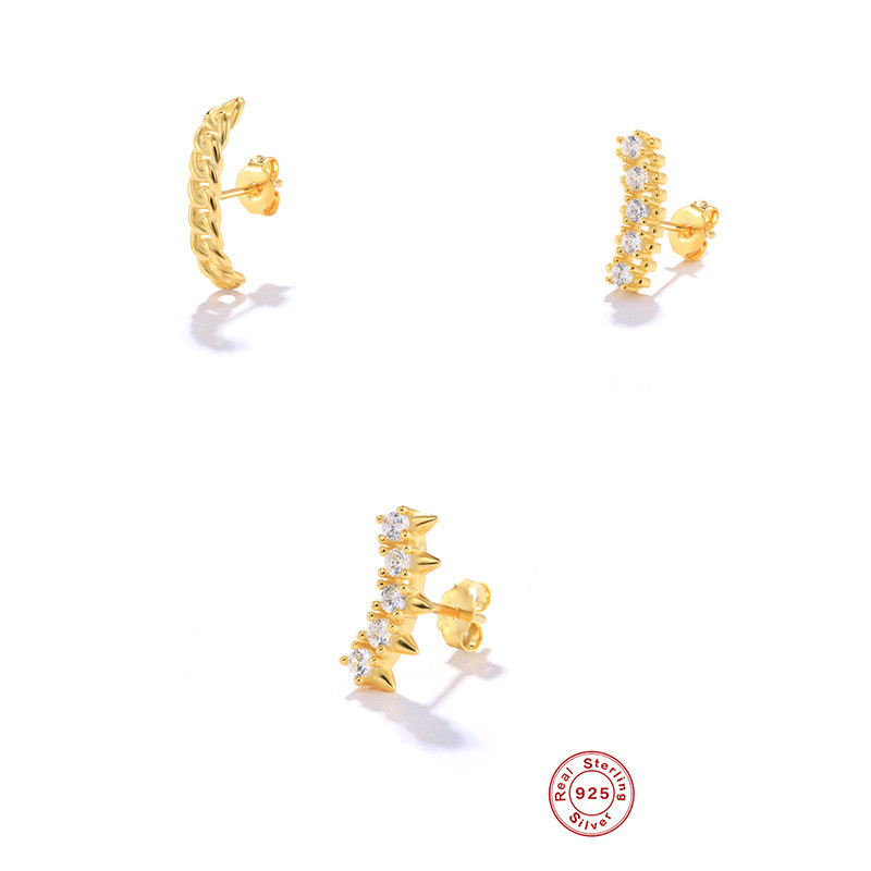 S925 Sterling Silver Korean Style Personality Light Luxury Zircon Inlaid Arc Earrings European and American Hot Selling Creative Versatile Earrings