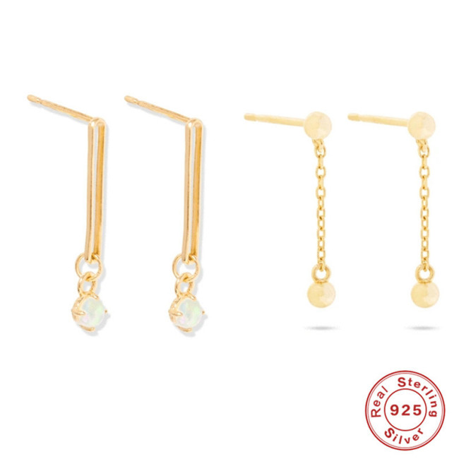 S925 Sterling Silver INS Opal Paperclip Tassel Earrings Korean Style French Style Evening Wear Elegant Earrings