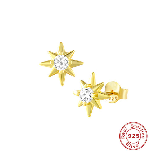 S925 Sterling Silver INS Eight-Pointed Star Inlaid Diamond Small Sun Earrings Cross-Border Hot-Selling Creative Earrings Jewelry In Stock