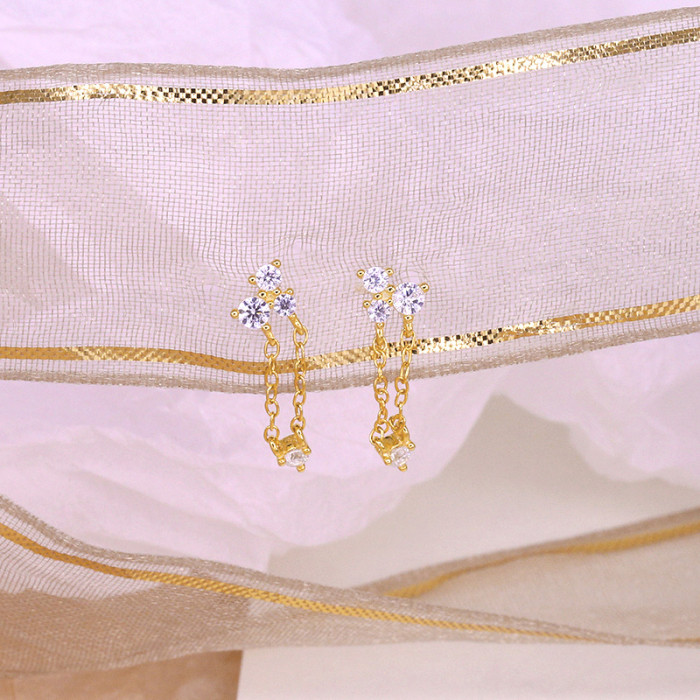S925 Sterling Silver Stone-Inlaid Personality Layered Tassel Style Ear Thread Earrings Stud Earrings Export Hot Sal...