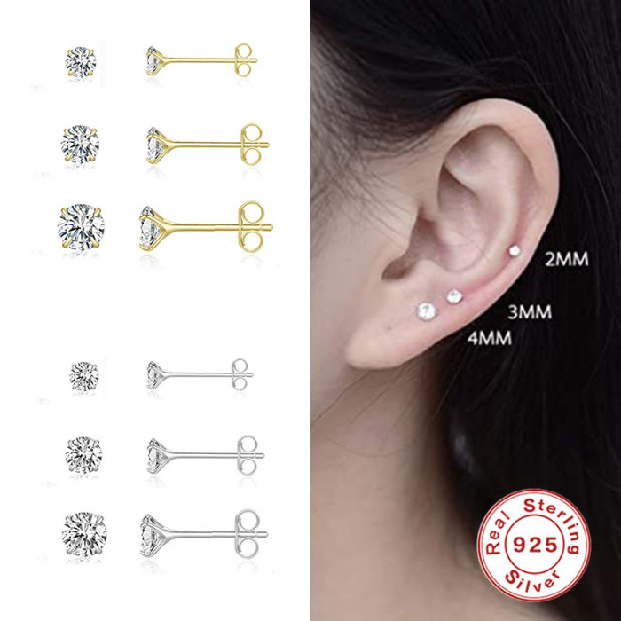 S925 Sterling Silver Four-Prong Inlaid Stud Earrings Korean and Japanese Style Personality INS Diamond-Encrusted Petite Mini European and American Hot-Selling Earrings