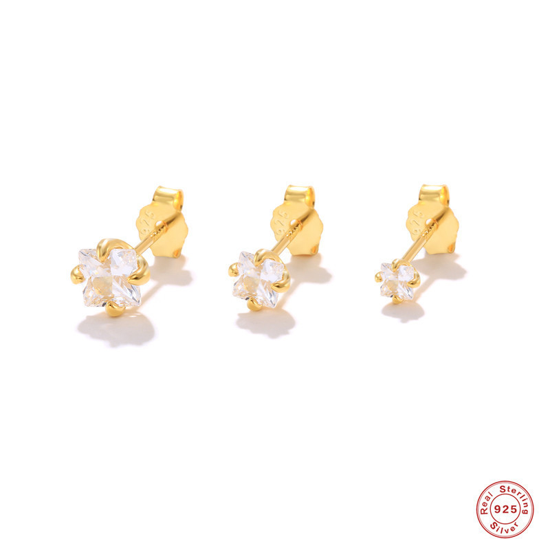 S925 Sterling Silver Square Inlaid Diamond Elegant Versatile Earrings Korean Niche Light Stud Earrings European and American INS Style Earrings Set