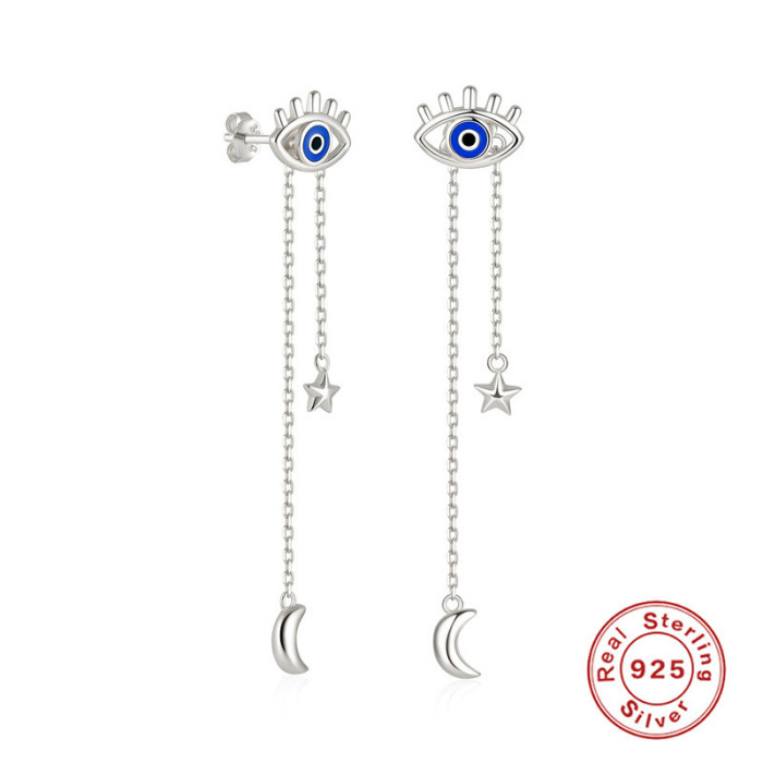 S925 Sterling Silver Chain Tassel Angel Eye Earrings Star Moon Drop Earrings Jewelry European and American New Enamel Earrings