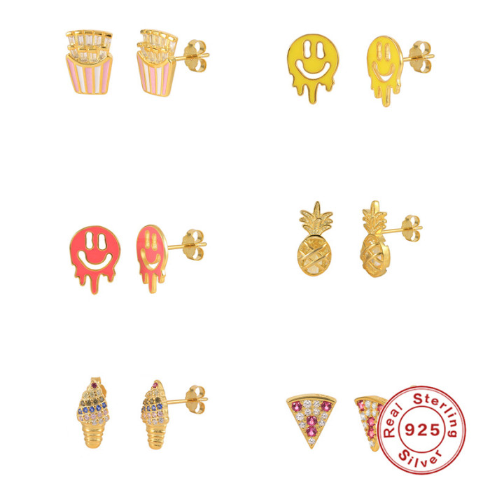 S925 Sterling Silver INS Fruit Set Earrings Ear Clips European and American Cross-Border Best-Selling Personality Trendy Versatile Stud Earrings Jewelry