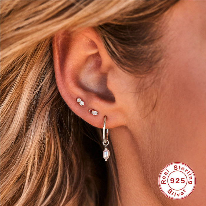S925 Sterling Silver C-shaped Hoop Earrings Pearl Drop Earrings Stud Earrings European and American Cross-border Hot-selling Exaggerated INS Earrings for Women
