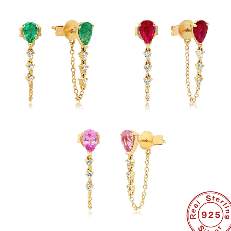 S925 Sterling Silver Colorful Water Drop Zircon Earrings European and American Hot Selling Elegant Tassel Inlaid Diamond Chain Earrings Stud Earrings Jewelry