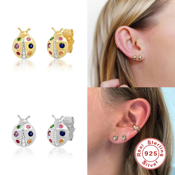 S925 Sterling Silver Colorful Ladybug Stud Earrings Fashion Creative INS Style Earrings