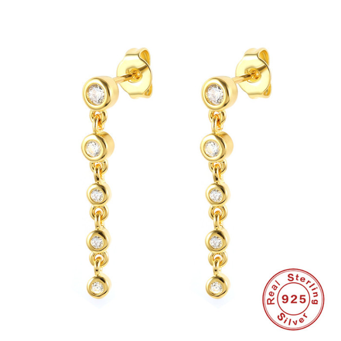 S925 Sterling Silver One-word Tail Chain Diamond-studded Earrings Ear Jewelry European and American Creative Versatile Simple Zircon Micro-inlaid Ear Stud Accessories