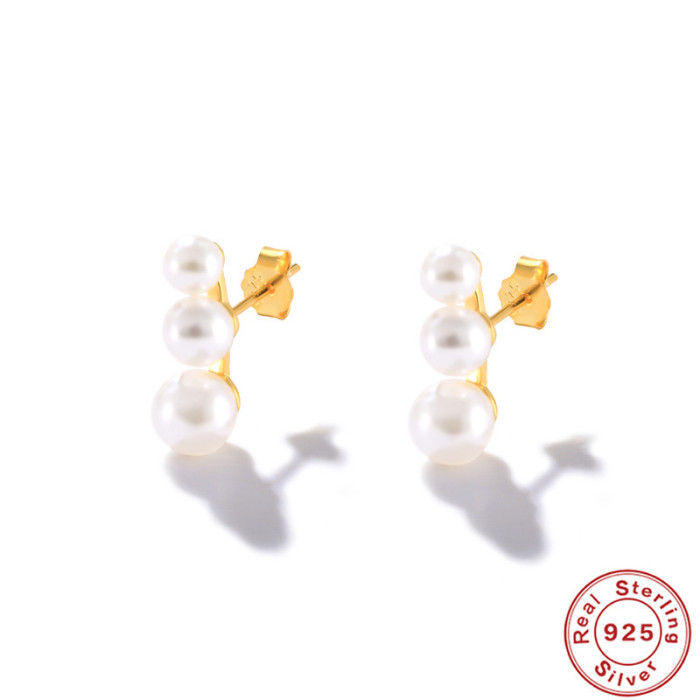 S925 Sterling Silver Simple Style Single Row Three Pearl Stud Earrings Dongdaemun Light Luxury Niche High-end Earrings