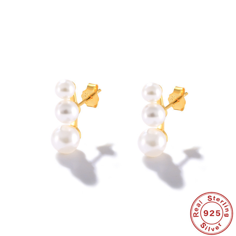 S925 Sterling Silver Simple Style Single Row Three Pearl Stud Earrings Dongdaemun Light Luxury Niche High-end Earrings