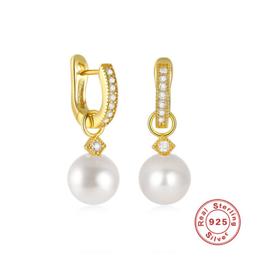 S925 Sterling Silver Light Luxury Socialite Pearl Inlaid Diamond Hoop Earrings Korean Style Elegant Office Wear Earrings