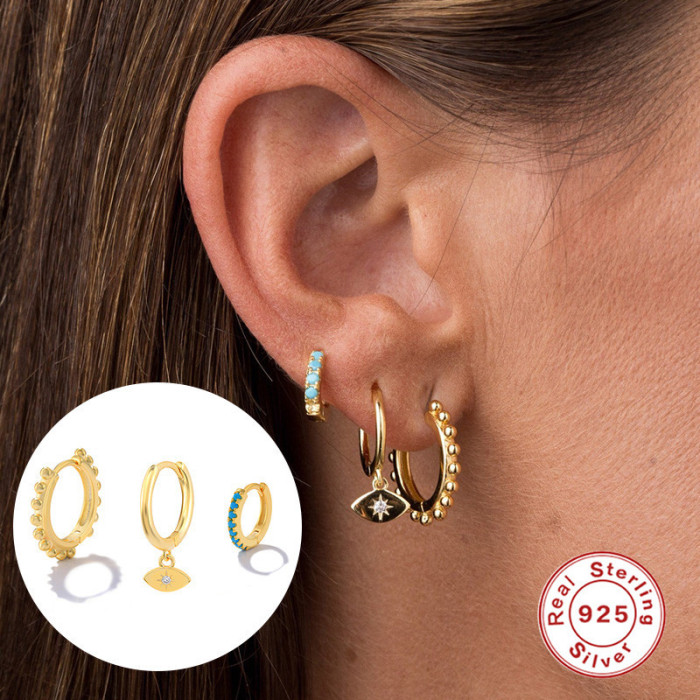 S925 Sterling Silver Inlaid Diamond Turquoise Round Bead Hoop Earrings Angel Eye Earrings Set French Style Ear Cuffs...