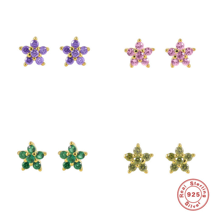 S925 Sterling Silver Petal Colorful Stone-Inlaid Snowflake Stud Earrings Hot Sale Simple Fashion Trend INS Earrings