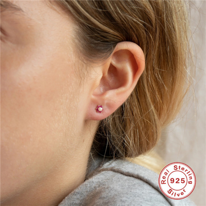 S925 Sterling Silver Starfish Petal Inlaid Diamond Pearl Stud Earrings European and American Style Simple Niche Design Earrings for Women