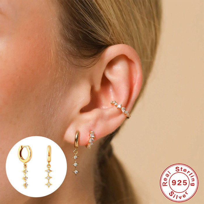 S925 Sterling Silver Star Inlaid Diamond Earrings Hoop Earrings Ear Clips Korean Style Elegant Light Luxury Personality Single Row Inlaid Diamond Ear Jewelry