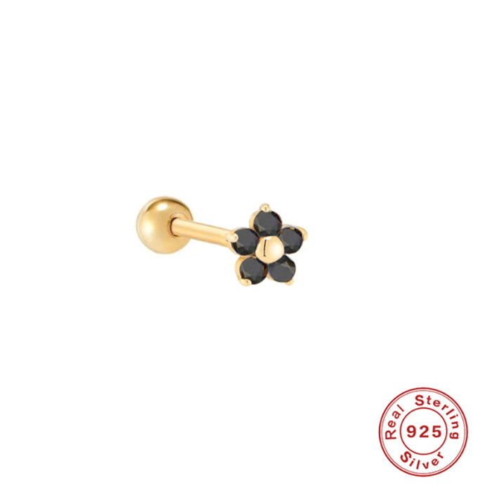 S925 Sterling Silver INS Five-Petal Flower Petal Inlaid Diamond Threaded Piercing Earrings Cross-Border Light Luxury Trend Body Piercing Studs