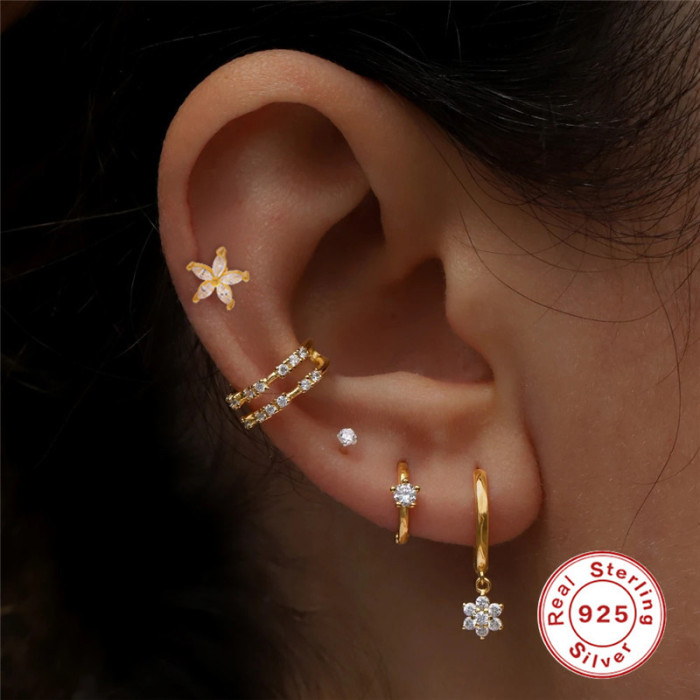 S925 Sterling Silver INS Petal Inlaid Diamond Threaded Piercing Cartilage Earrings TikTok Hot-Selling Personality Body Piercing Ear Jewelry
