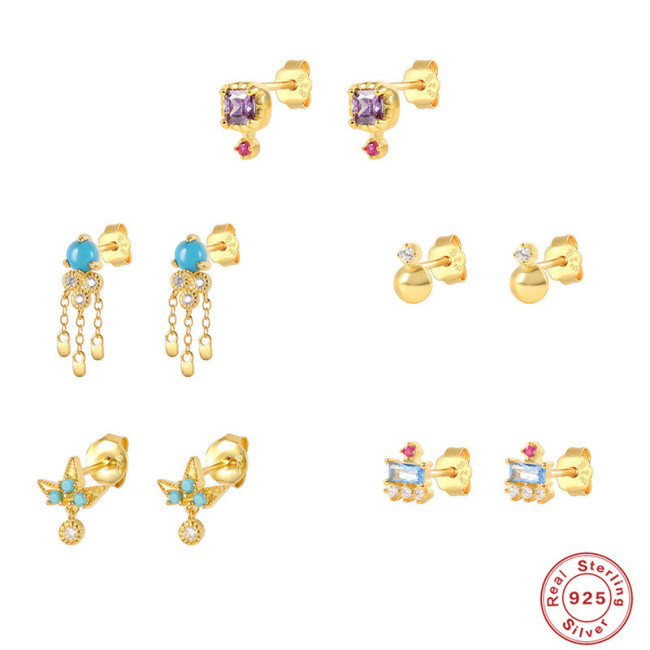S925 Sterling Silver INS Geometric Mini Flower-shaped Diamond-studded Earrings European and American fashion casual Best-selling Personalized easiest for match Earrings