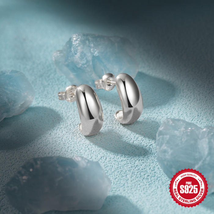 New 925 Sterling Silver C-Shaped Smooth Metallic Hoop Earrings Stud Earrings European and American Hot Selling Trendy INS Minimalist Style Earrings