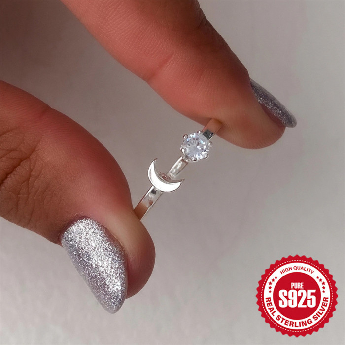 New S925 Sterling Silver Versatile Inlaid Diamond Star Moon Open Ring Korean and Japanese Niche Design Index Finger Ring