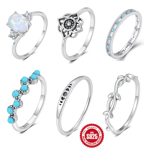 New S925 Sterling Silver Row Diamond Opal Flower Turquoise Ring Fashionable Unique Retro Niche Design Index Finger Tail Ring