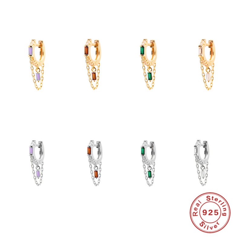 S925 Sterling Silver Geometric Tassel Chain Square Zircon Pendant Earrings Hoop Earrings European and American New Style Elegant Earrings for Women