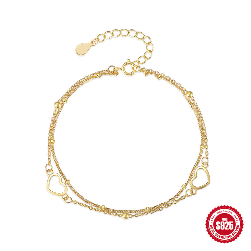 S925 Sterling Silver Creative Double Layer Heart Bracelet for Women Korean and Japanese Fashion Ins Style Versatile Silver Bracelet Accessories Cross-Border