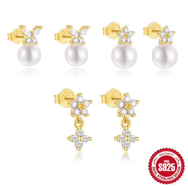 S925 Sterling Silver Inlaid Diamond Petal Opal Pendant Earrings Stud Earrings European and American Hot-Selling French Style Pearl Elegant Earrings for Women