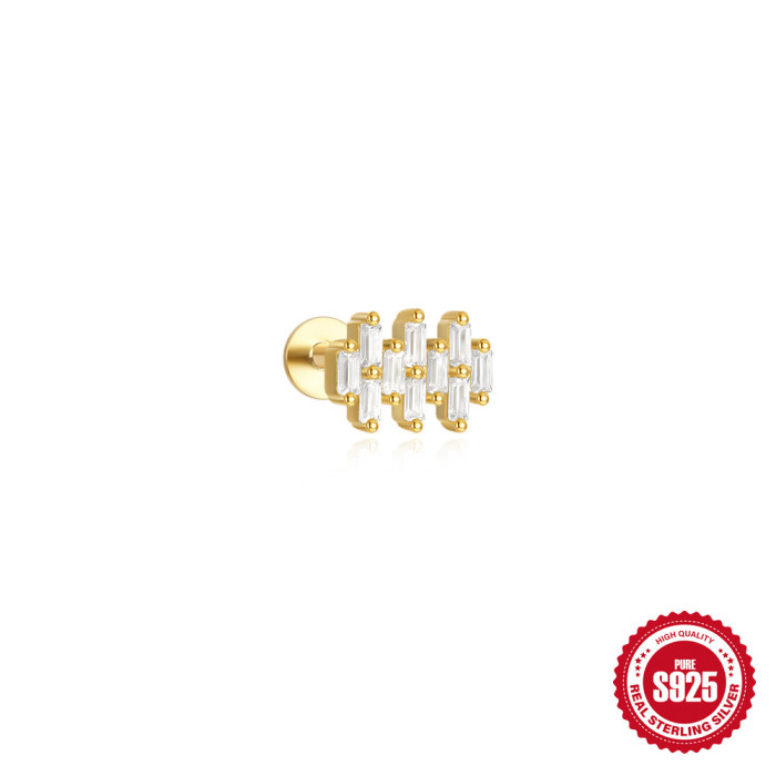 S925 Sterling Silver Geometric Square Cluster Diamond Flat Head Threaded Cartilage Piercing Earrings for Women European and American Hot Selling Ear Bone Studs