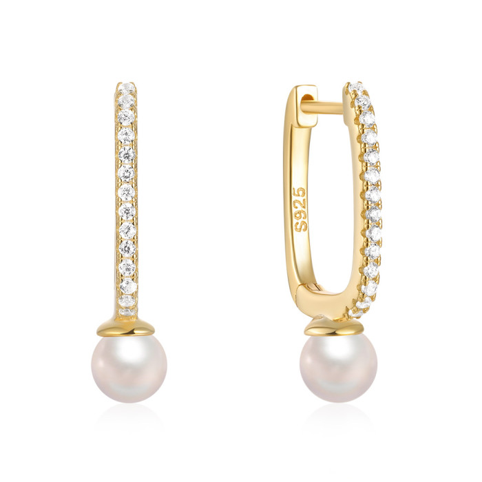 S925 Sterling Silver Earrings with Inlaid Diamonds U-Shaped Pearl Ear Clips Earrings European and American Cross-Border Fashion Ins Style Simple Hoop Earrings for Women