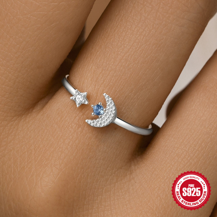 S925 Sterling Silver Moon Double Layer Butterfly Horse Eye Inlaid Diamond Star Open Ring Korean and Japanese Niche Design Index Finger Ring