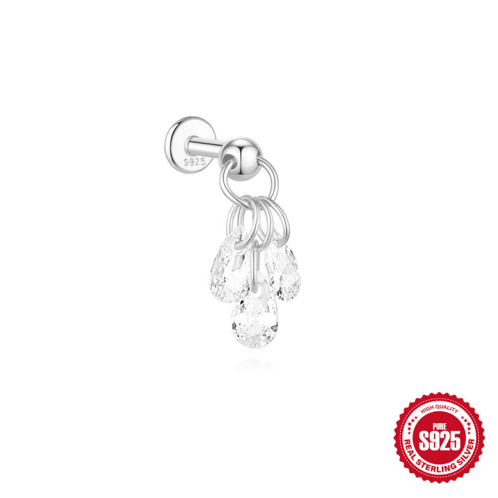 S925 Sterling Silver Super Sparkling Water Drop Colored Diamond Soft Bone Flat Head Spiral Piercing Ear Bone Stud AliExpress Hot Selling Versatile Earrings