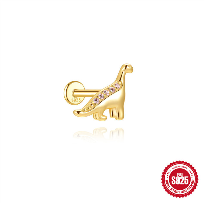 S925 Sterling Silver Geometric Colorful Diamond Fun Dinosaur Flat Head Threaded Piercing Ear Bone Stud European and American Cross-Border Hot-Selling Ear Jewelry