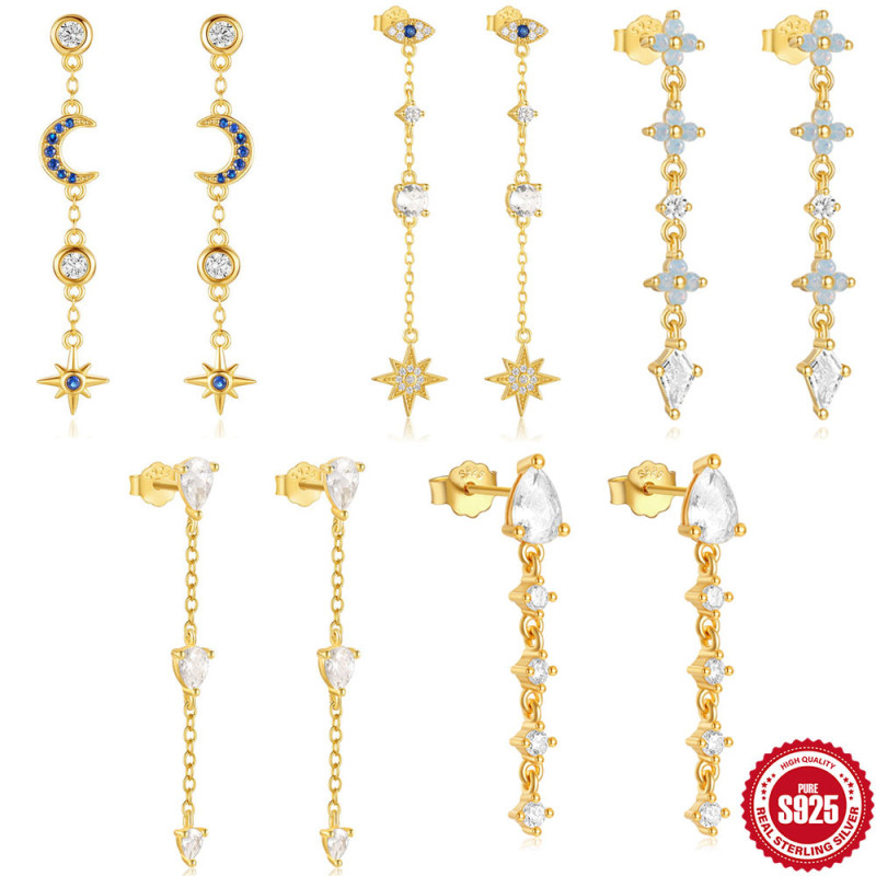 S925 Sterling Silver Star Moon Diamond Earrings European and American Fashion Chain Long Tassel Earrings Devil's Eye Earrings