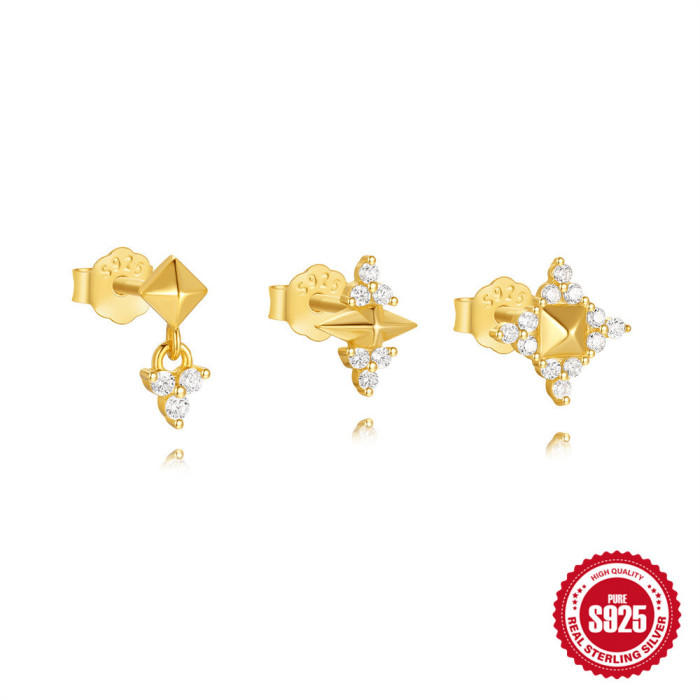 S925 Sterling Silver Planet Eight-Pointed Star Sparkling Diamond Set Earrings Niche High-End Pearl Geometric Elegant Versatile Earrings