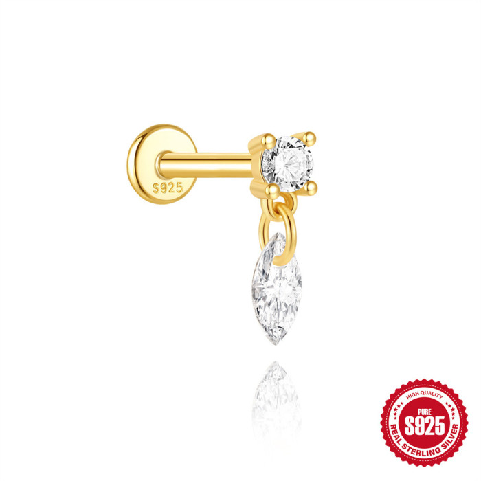 S925 Sterling Silver Geometric Diamond-Studded Stud Flat Head Threaded Piercing Ear Bone Stud European and American Classic Hot-Selling Piercing Ear Jewelry