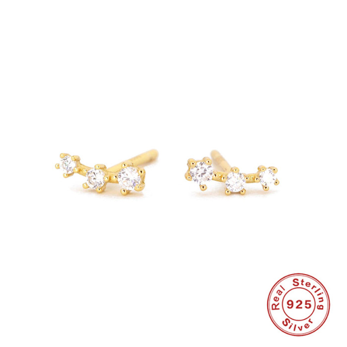 S925 Sterling Silver Triple Inlaid Diamond Exquisite Stud Earrings Korean and Japanese Style Elegant Petite Mini Office Lady Wear Earrings for Women
