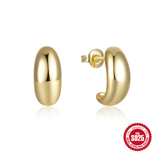 New 925 Sterling Silver C-Shaped Smooth Metallic Hoop Earrings Stud Earrings European and American Hot Selling Trendy INS Minimalist Style Earrings