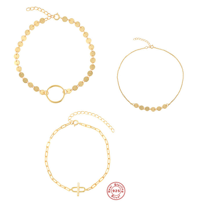 S925 Sterling Silver Round Disc Circle Synthetic Short Fashion Bracelet Style Personality I Design Sense INS Style Je...