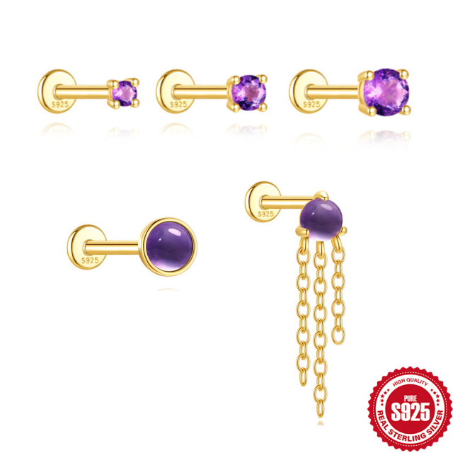 S925 Sterling Silver Light Luxury Natural Amethyst Flat Head Threaded Piercing Ear Bone Stud Korean Version Hot Selling Elegant High-end Earrings