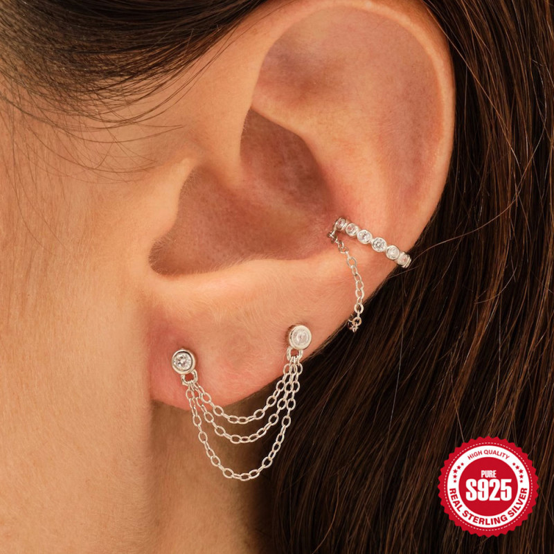925 Sterling Silver Double Chain Tassel Inlaid Diamond Ear Thread Earrings Stud Earrings European and American New Niche High-end Fashion Ear Accessories
