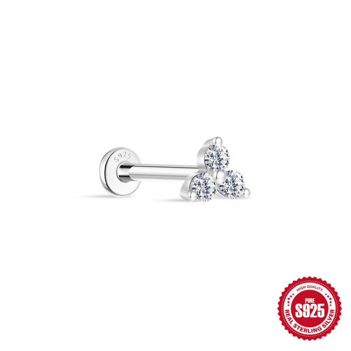 S925 Sterling Silver Light Luxury Ultra Sparkling Cultured Diamond Flat Head Threaded Piercing Ear Bone Stud Korean Style Elegant High-end Ear Jewelry
