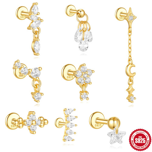 S925 Sterling Silver Moon Star Inlaid Diamond Flat Soft Bone Spiral Piercing Ear Bone Stud European and American Daily Wear Ear Jewelry