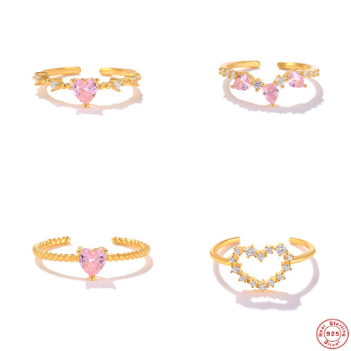 S925 Sterling Silver INS Style Geometric Heart-to-Heart Diamond-Studded Ring European and American Hot-Selling Personality K-Gold Plated Light Luxury Ring