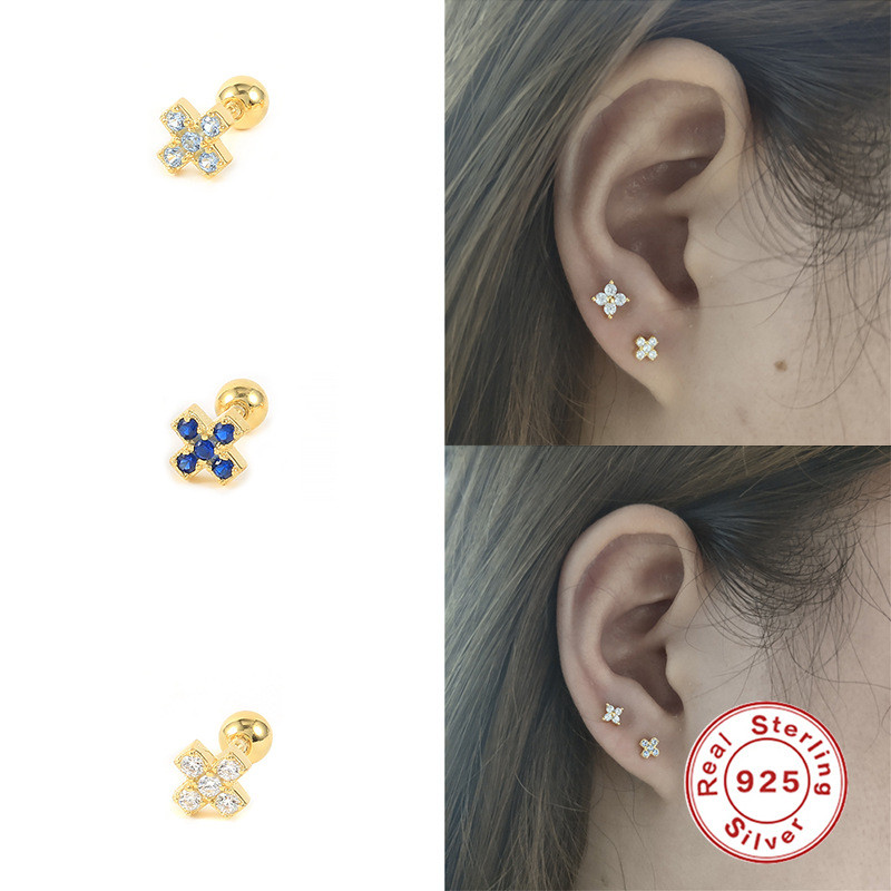 S925 Sterling Silver X Diamond-Studded Threaded Piercing Single Earring Stud INS Style Simple Versatile Mini Piercing Ear Bone Stud