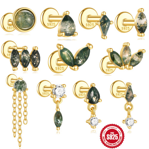 S925 Sterling Silver Water Drop Horse Eye Natural Water Grass Agate Ear Bone Stud European and American Hot Selling Flat Head Threaded Piercing Ear Jewelry