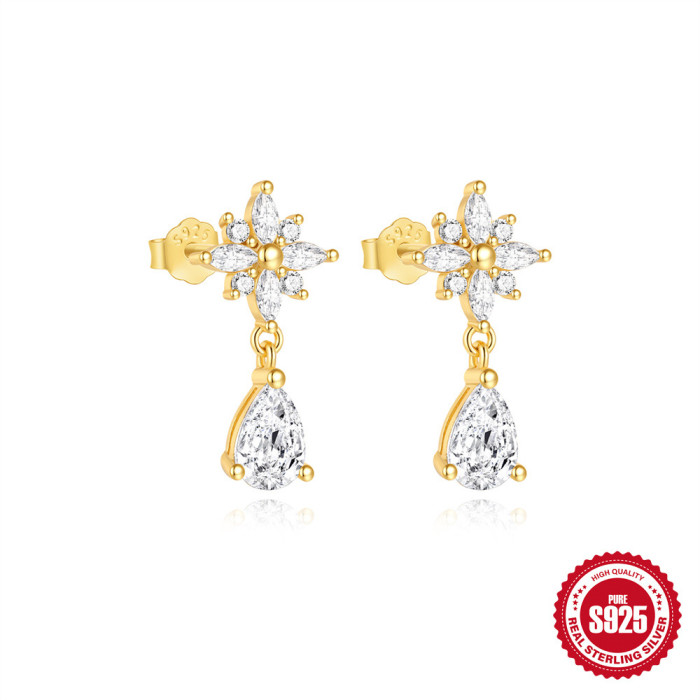New S925 Sterling Silver Classic Star Moon Inlaid Diamond Earrings European and American Cross-Border Hot-Selling Butterfly Water Drop Versatile Earrings